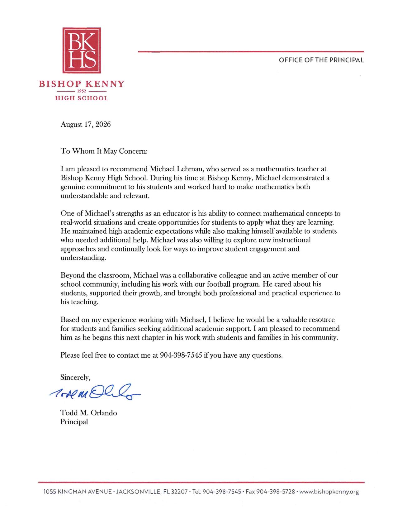 Independent letter of recommendation from Todd M. Orlando, Principal of Bishop Kenny High School